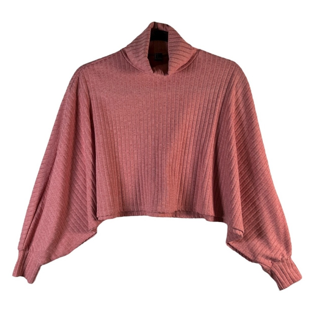 Forever 21 Women's S Pink Ribbed Mock Neck Batwing Cropped Sweater Minimalist‎